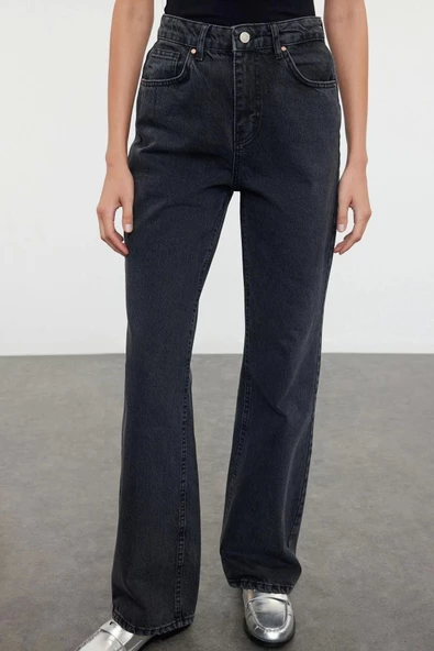 Stil Kadın Moda Denim Kot Pantolon Uzun Boru Paça Yüksek Bel Jeans - 4