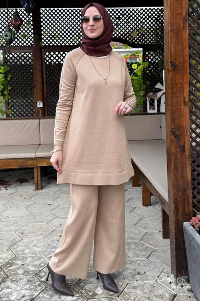 Yıldız Pantolonlu Triko Takım Bej - 6