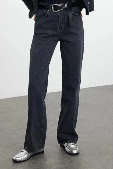 Stil Kadın Moda Denim Kot Pantolon Uzun Boru Paça Yüksek Bel Jeans