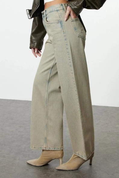 Stil Kadın Moda Denim Kot Pantolon Uzun Geniş Paça Mavi Yüksek Bel Loose Jeans