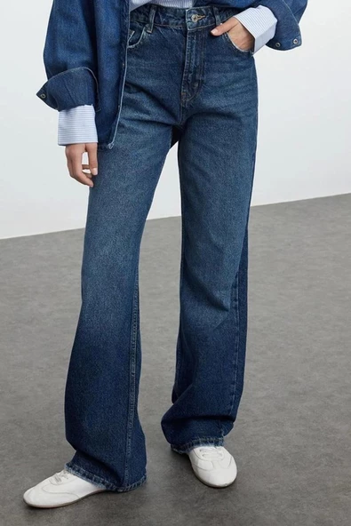 Stil Kadın Moda Denim Kot Pantolon Uzun Geniş Paça Yüksek Bel Jeans