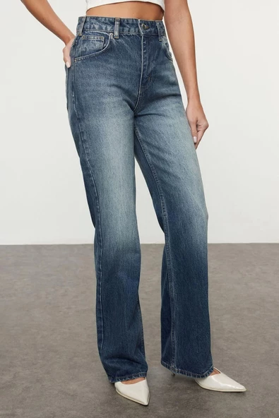 Stil Kadın Moda Denim Kot Pantolon Uzun Geniş Paça Yüksek Bel Jeans - 4