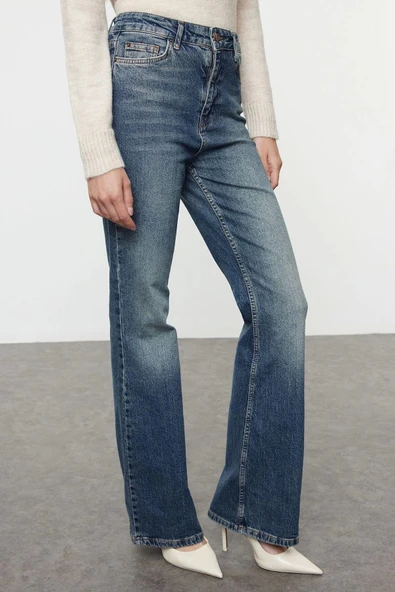 Stil Kadın Moda Denim Kot Pantolon Uzun İspanyol Paça Mavi Soluk Vintage Yüksek Bel Jeans - 3