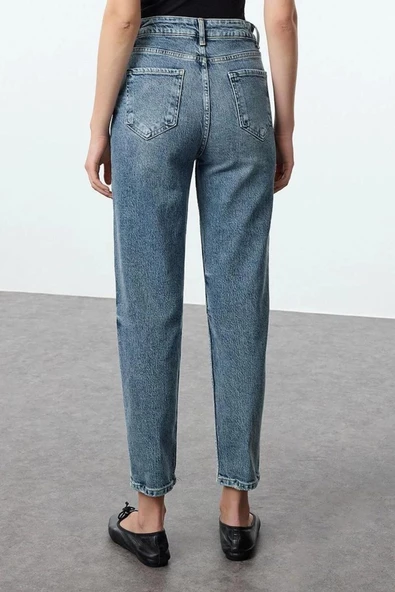 Stil Kadın Moda Denim Kot Pantolon Uzun Boru Paça Mavi Soluk Vintage Yüksek Bel Slim Mom Jeans - 5