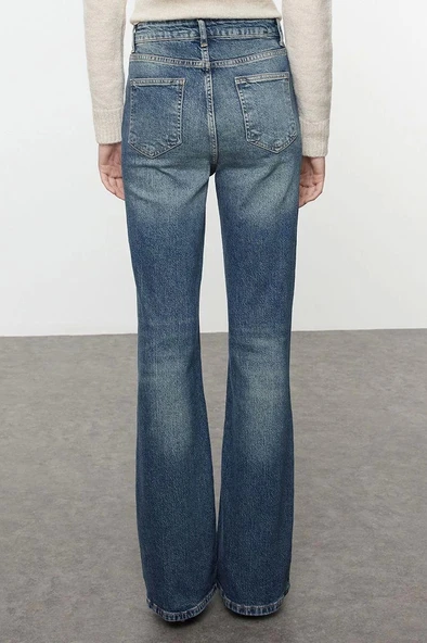 Stil Kadın Moda Denim Kot Pantolon Uzun İspanyol Paça Mavi Soluk Vintage Yüksek Bel Jeans - 5