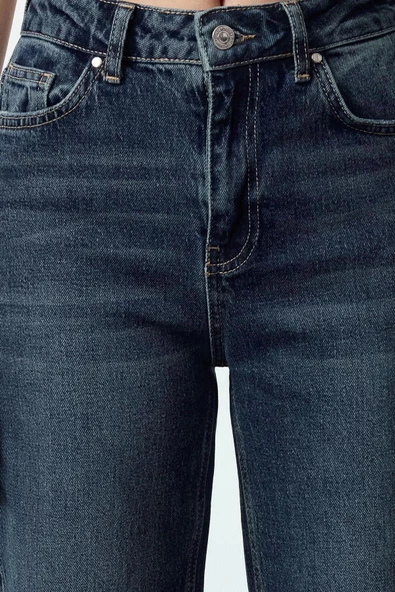 Stil Kadın Moda Denim Kot Pantolon Uzun Boru Paça Yüksek Bel Slim Mom Jeans - 2