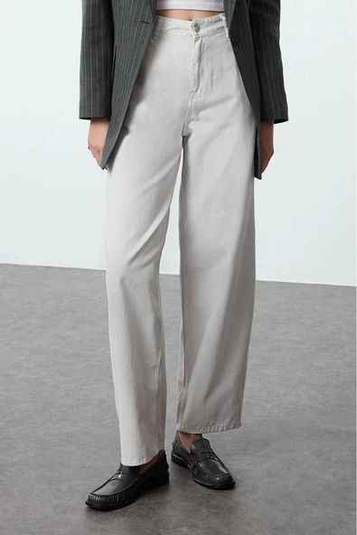 Stil Kadın Moda Denim Kot Pantolon Uzun Geniş Paça Taş Yüksek Bel Skater Jeans - 3
