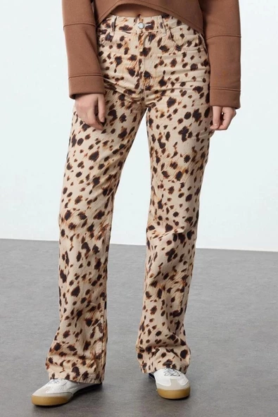 Stil Kadın Moda Denim Kot Pantolon Uzun Geniş Paça Leopar Desenli Yüksek Bel Jeans