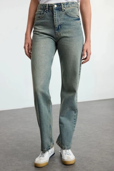 Stil Kadın Moda Denim Kot Pantolon Uzun Boru Paça Mavi Yüksek Bel Straight Jeans - 4