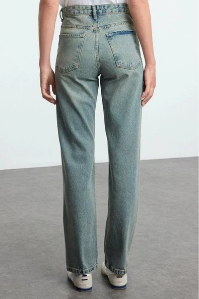 Stil Kadın Moda Denim Kot Pantolon Uzun Boru Paça Mavi Yüksek Bel Straight Jeans - 5