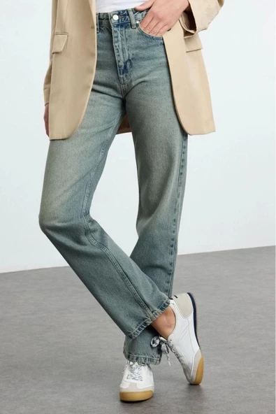 Stil Kadın Moda Denim Kot Pantolon Uzun Boru Paça Mavi Yüksek Bel Straight Jeans - 1