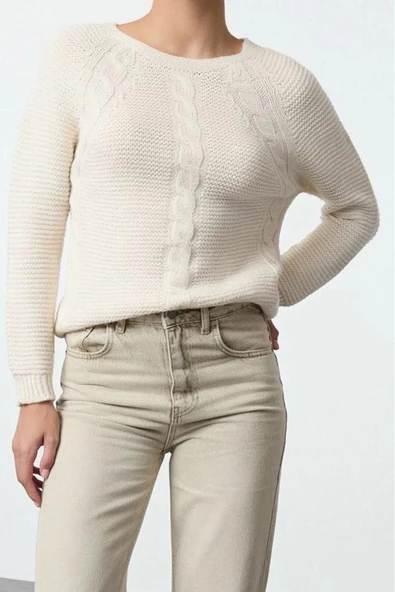 Stil Modern Kadın Regular Reglan Kol Bisiklet Yaka Yumuşak Dokulu Saç Örgülü Dikişsiz Triko Kazak