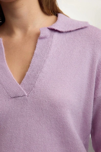 Stil Modern Kadın Regular Standart Kol Polo Yaka Geniş Kalıp Yumuşak Dokulu Basic Triko Kazak - Resim 4