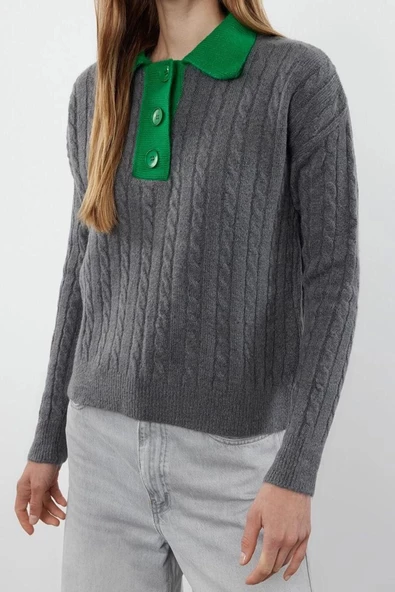 Stil Modern Kadın Regular Standart Kol Polo Yaka Yumuşak Dokulu Renk Bloklu Triko Kazak