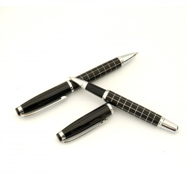 Metal Kare Desenli Ahşap Kutusunda Lüx 2li Tükenmez Kalem Set - 2
