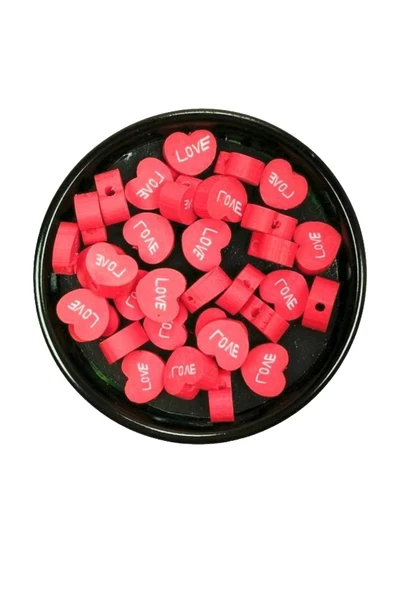 30 Adet 10 mm Polimer Kil Fimo Boncuk Takı Bileklik + 1 Metre Lastikli Misina Hediye - Kalp Love - 3