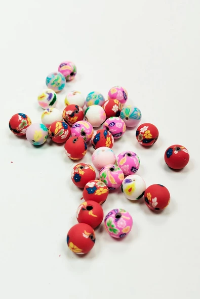 30 Adet 10 mm Polimer Kil Fimo Boncuk Takı Bileklik + 1 Metre Lastikli Misina Hediye - Desenli Yuvarlak - 2