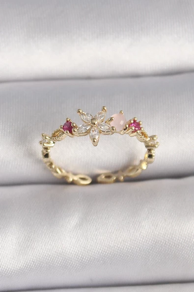 MuI MuI Pirinç Gold Renk Zirkon Taşlı Çiçek Model Ayarlanabilir Yüzük