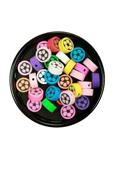 30 Adet 10 mm Polimer Kil Fimo Boncuk Takı Bileklik + 1 Metre Lastikli Misina Hediye - Renkli Çiçek - 3