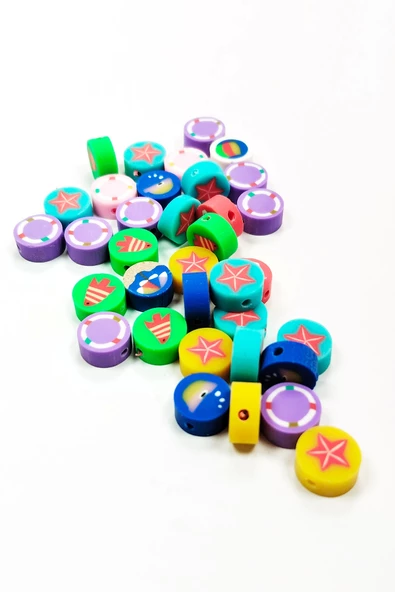 90 Adet 10 mm Polimer Kil Fimo Boncuk Takı Bileklik + 5 Metre Misina Hediye - Kalp - Deniz - Çiçek - 3