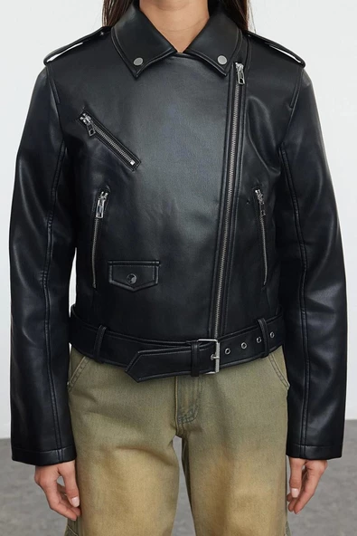 Tasarım Düz Astarlı Yaka Standart Regular Ceket Kadın Regular Suni Deri Biker Ceket Mont - 3