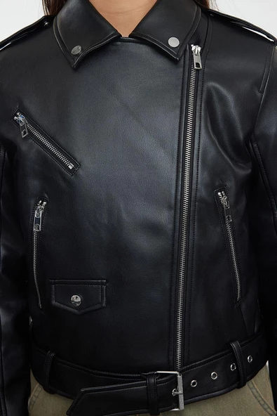 Tasarım Düz Astarlı Yaka Standart Regular Ceket Kadın Regular Suni Deri Biker Ceket Mont - 2