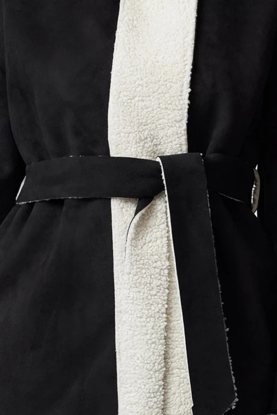 Tasarım Düz Astarsız Yaka Midi Bol Ceket Kadın Oversize Kuşaklı Peluş Detaylı Süet Mont - 4