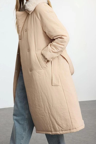Tasarım Düz Astarlı Yaka Uzun Regular Ceket Kadın Yakası Peluş Kemerli Su İtici Parka Şişme Mont - 3