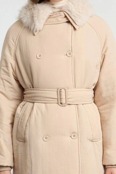 Tasarım Düz Astarlı Yaka Uzun Regular Ceket Kadın Yakası Peluş Kemerli Su İtici Parka Şişme Mont - 4