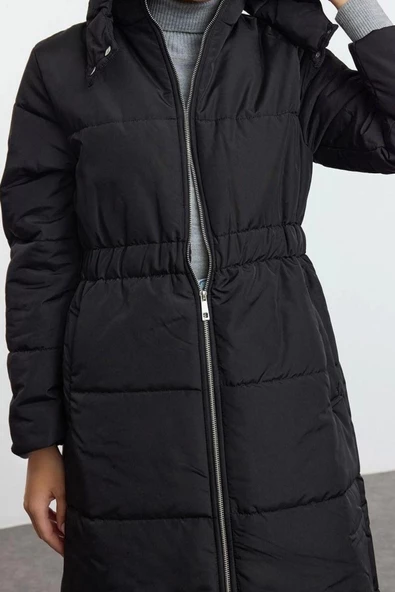 Tasarım Düz Astarlı Yaka Uzun Oversize Dik Kadın Oversize Kapüşonlu Beli Lastikli Uzun Mont