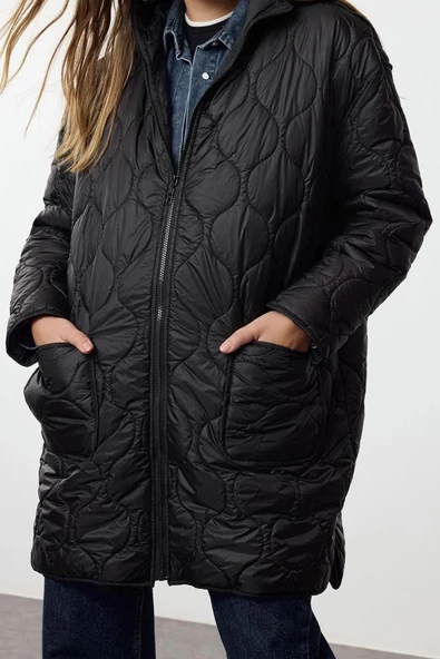 Tasarım Düz Astarlı Yaka Midi Oversize Kapüşonlu Kadın Oversize Kapüşonlu Kapitone Mont - 5