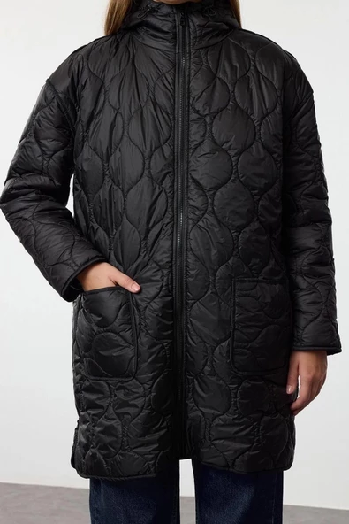 Tasarım Düz Astarlı Yaka Midi Oversize Kapüşonlu Kadın Oversize Kapüşonlu Kapitone Mont - 3