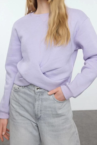 Tarz Slim Bisiklet Yaka Düşük Kol Crop Burgu Detaylı Crop Kalın İçi Polarlı Örme Sweatshirt