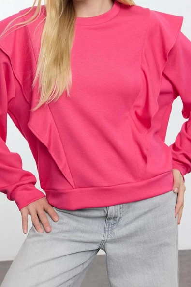 Relaxed Bisiklet Yaka Büzgülü/Fırfırlı Kol Regular Fırfır Detaylı Rahat Kalıp Örme Sweatshirt