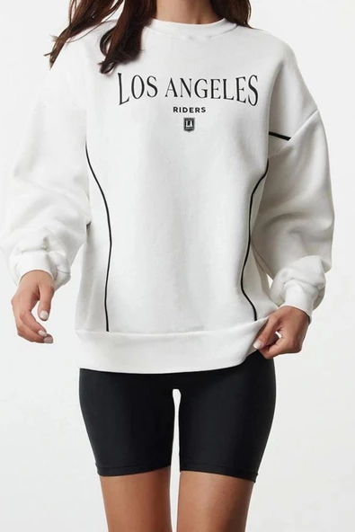 Bol Bisiklet Yaka Düşük Kol Uzun Slogan Baskılı Geniş Kalıp Kalın İçi Polarlı Örme Sweatshirt