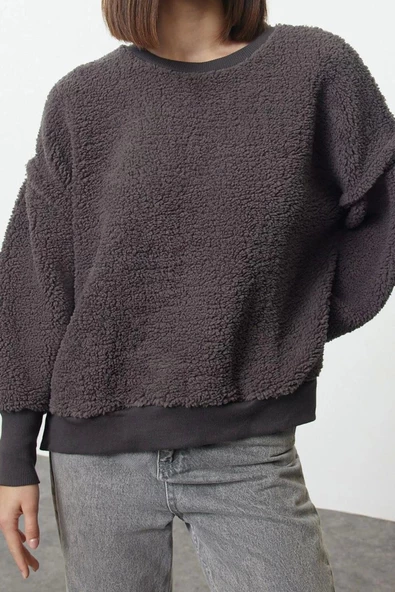 Tarz Relaxed Bisiklet Yaka Düşük Kol Regular Peluş Rahat Kalıp Peluş Örme Sweatshirt