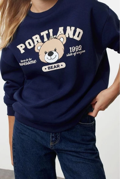 Tarz Bol Bisiklet Yaka Düşük Kol Uzun Baskılı Geniş Kalıp Kalın Örme Sweatshirt