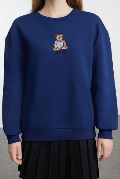 Tarz Relaxed Bisiklet Yaka Düşük Kol Regular Rahat Kalıp Nakışlı Kalın Örme Sweatshirt - 5