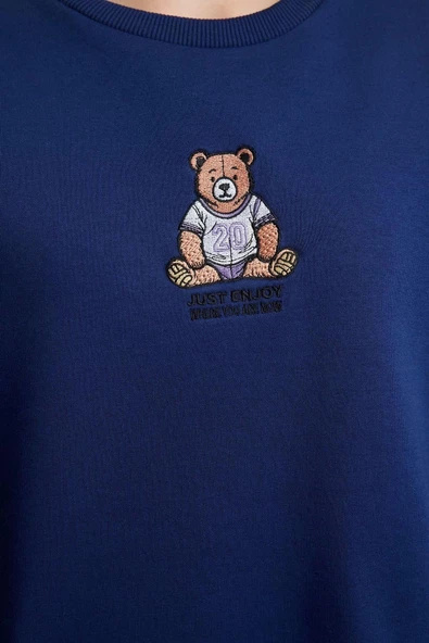 Tarz Relaxed Bisiklet Yaka Düşük Kol Regular Rahat Kalıp Nakışlı Kalın Örme Sweatshirt - 3