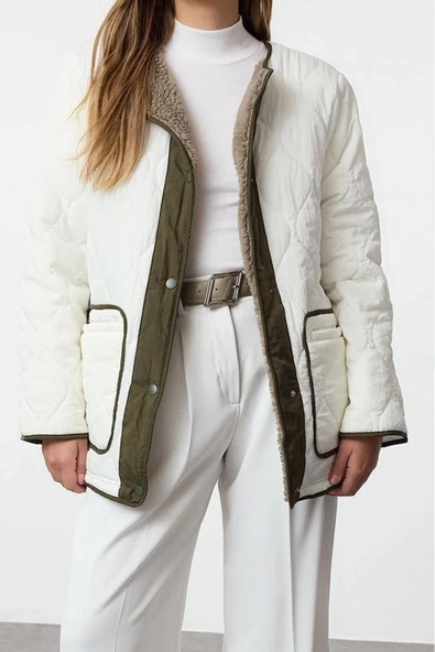 Tasarım Düz Astarlı Yaka Midi Oversize Bisiklet Kadın Oversize Peluş Detaylı Kapitone Mont