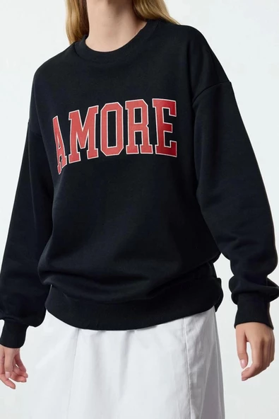 Bol Bisiklet Yaka Düşük Kol Uzun Kalın İçi Polarlı Geniş Kesim Slogan Nakışlı Örme Sweatshirt