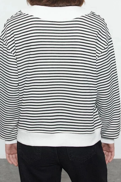 Tarz Bol Bisiklet Yaka Düşük Kol Uzun Çizgili Geniş Kalıp Yaka Kalın Örme Sweatshirt - 3