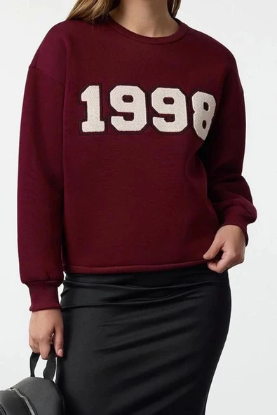 Relaxed Bisiklet Yaka Düşük Kol Uzun Kalın Polarlı Normal Kesim Slogan Nakışlı Örme Sweatshirt - 2