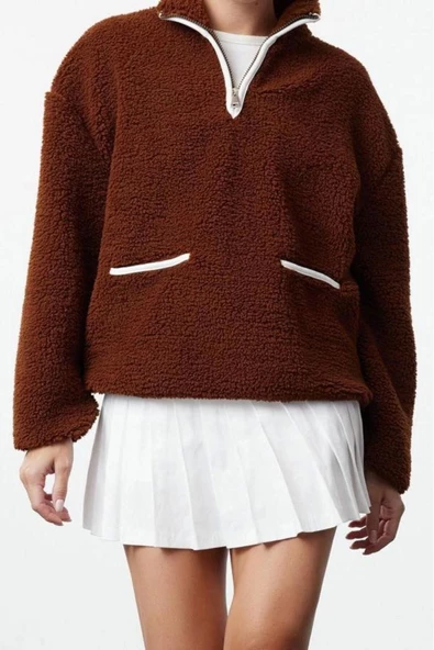 Regular Fermuarlı Yaka Düşük Kol Standart Peluş Geniş Kalıp Fermuarlı Yaka Örme Sweatshirt - 2