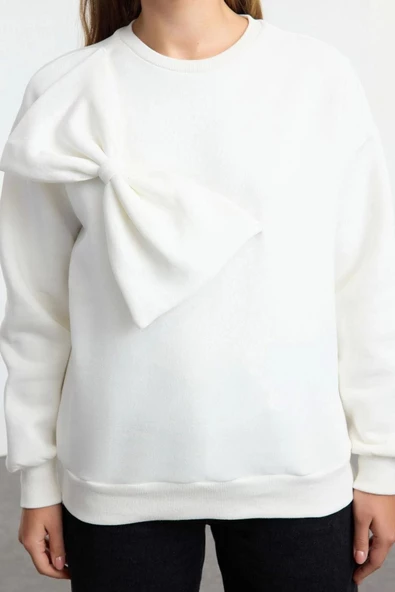 Tarz Bol Bisiklet Yaka Düşük Kol Uzun İnce Kurdele Detaylı Rahat Kesim Örme Sweatshirt - 1