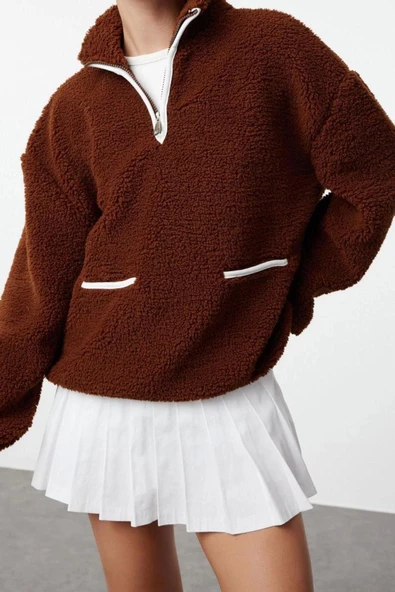 Regular Fermuarlı Yaka Düşük Kol Standart Peluş Geniş Kalıp Fermuarlı Yaka Örme Sweatshirt