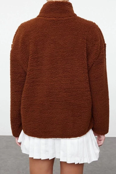 Regular Fermuarlı Yaka Düşük Kol Standart Peluş Geniş Kalıp Fermuarlı Yaka Örme Sweatshirt - 4