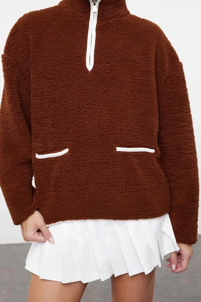 Regular Fermuarlı Yaka Düşük Kol Standart Peluş Geniş Kalıp Fermuarlı Yaka Örme Sweatshirt - 5