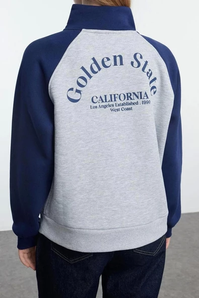 Tarz Bol Fermuarlı Yaka Düşük Kol Uzun Slogan Baskılı Kalıp Reglan Kol Örme Sweatshirt - 4