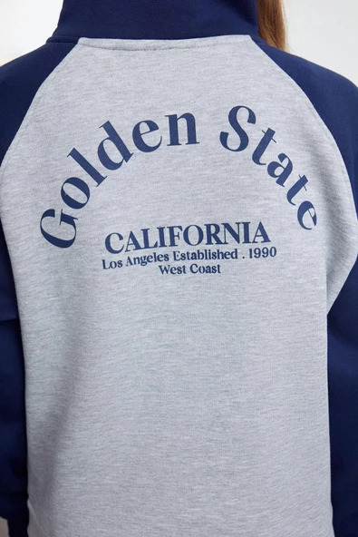 Tarz Bol Fermuarlı Yaka Düşük Kol Uzun Slogan Baskılı Kalıp Reglan Kol Örme Sweatshirt - 3